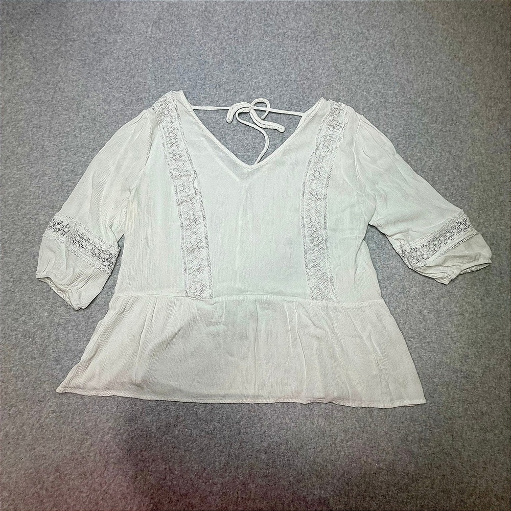 Lily Star White Gauze Top, Crochet Lace Peplum Blouse V-Neck 3/4 Sleeve Size 0X